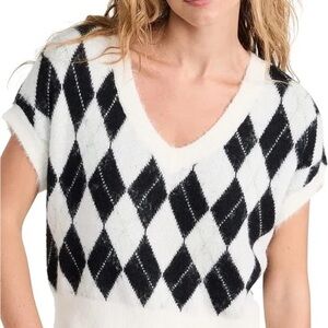 Free People Through the Motion Slouchy Vest Ivory Combo Argyle Sweater Size XS
